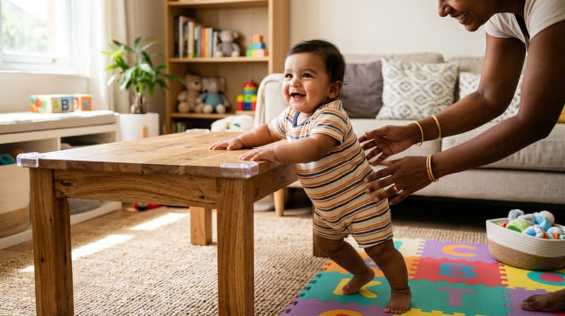 8 month old baby pulling to stand holding onto furniture showing physical milestone
