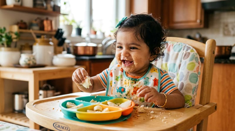 9 month old baby picking up finger foods showing pincer grasp development milestone 