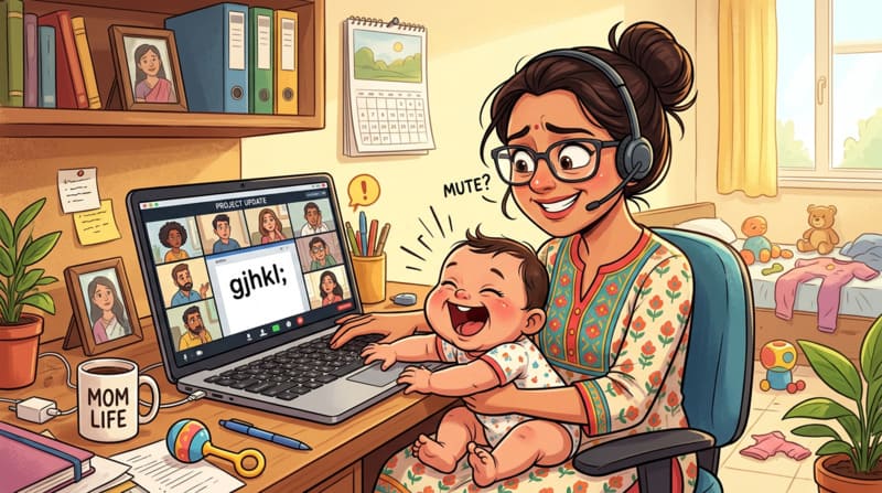 Baby interrupting mom's zoom call showing work from home parenting humor