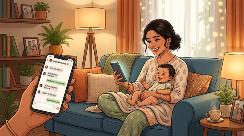 Indian mom connecting with other moms online from home feeling comfortable

