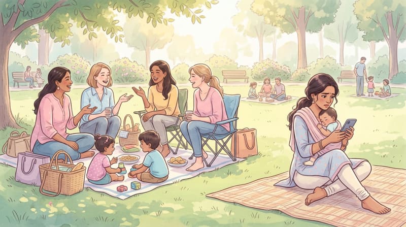 Indian mom sitting quietly at a mom group meeting, reflecting social anxiety and the pressure of fitting in