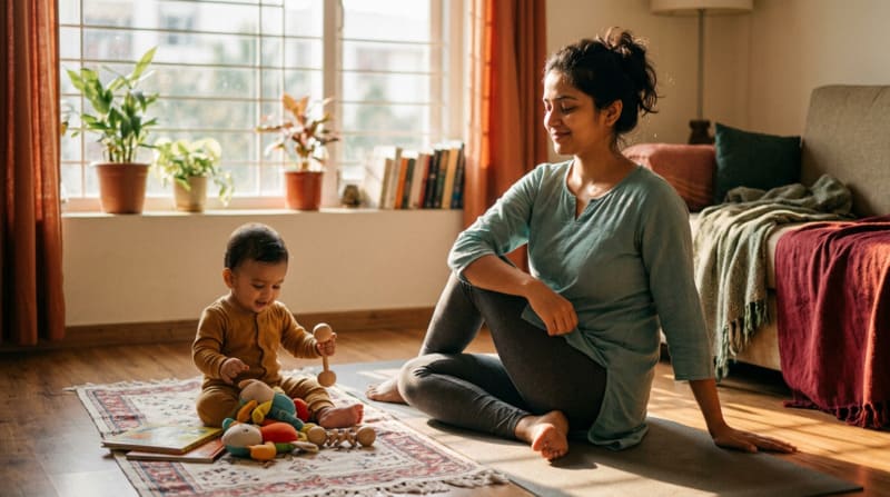 Indian mother practicing self love and acceptance after becoming a mom
