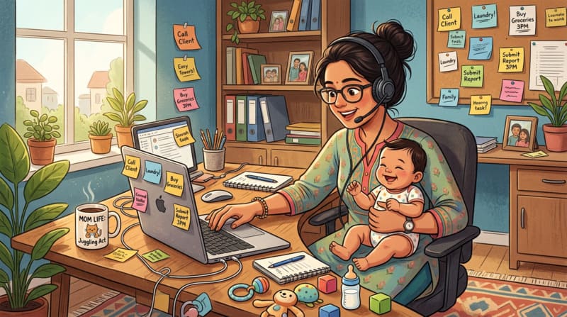 Work from home Indian mom multitasking with baby during office hours
