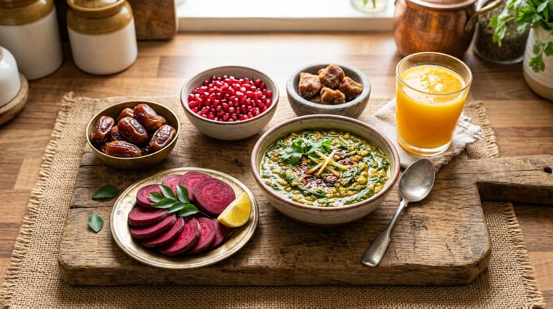 Iron-rich foods to prevent anaemia during pregnancy including spinach dates and lentils
