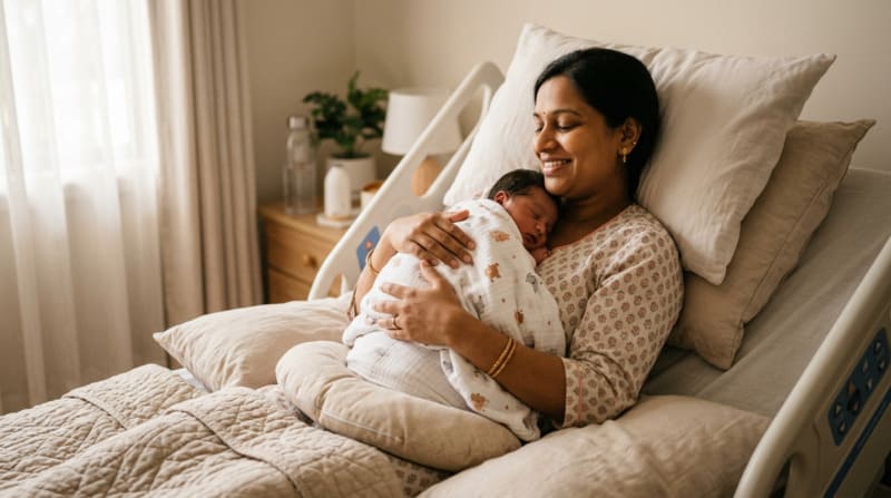 सी सेक्शन डिलीवरी के बाद रिकवरी करती माँ आराम करते हुए 