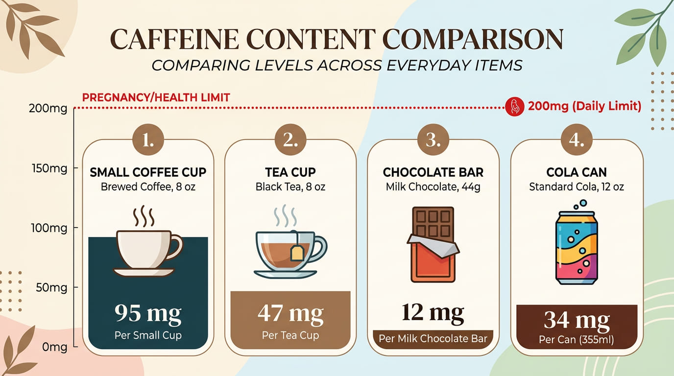 Safe caffeine limits during pregnancy showing 200mg daily maximum guideline