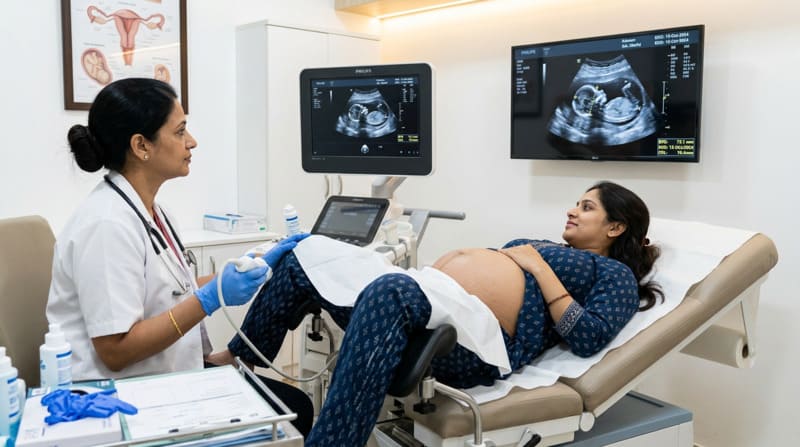 Doctor measuring cervix length during pregnancy ultrasound checkup
