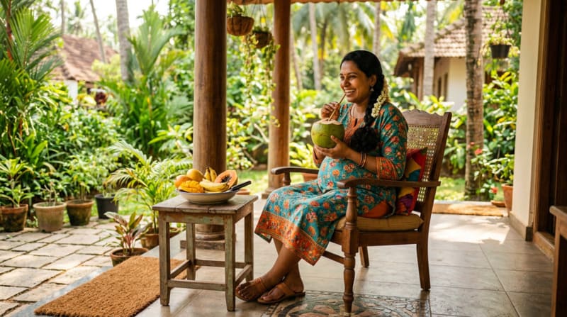Pregnant woman drinking fresh coconut water showing hydration benefits during pregnancy
