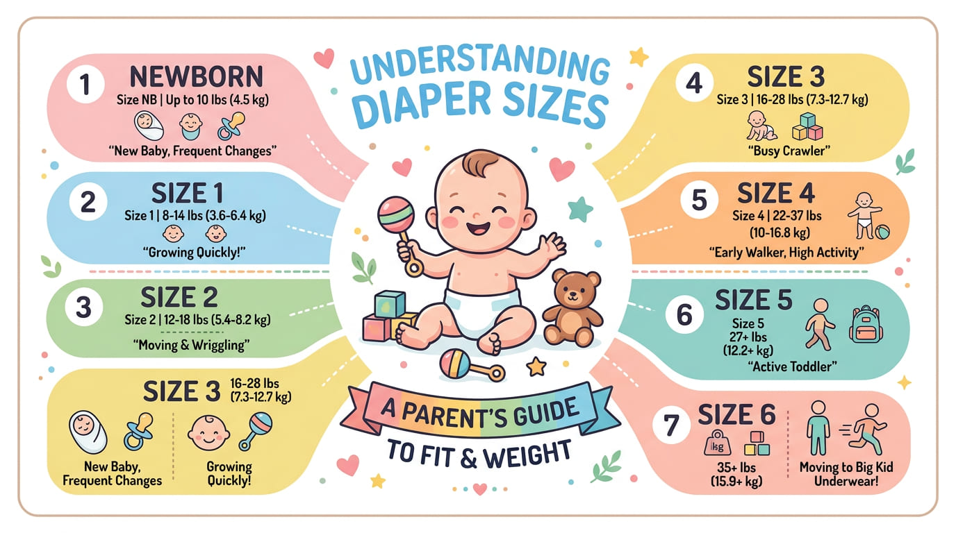 Diaper size chart showing correct diaper fit by baby weight and age