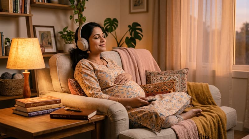 Garbh Sanskar activities including music reading and positive affirmations during pregnancy