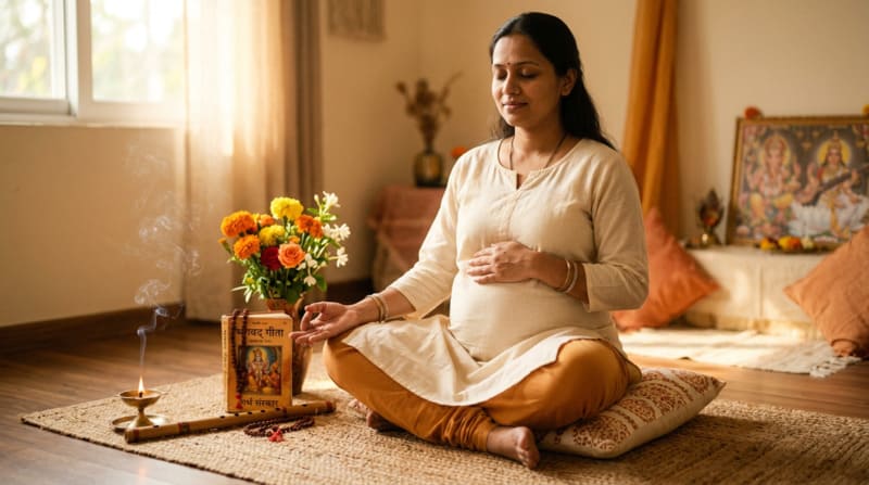 Pregnant woman meditating peacefully, practicing Garbh Sanskar for positive prenatal bonding and baby's growth