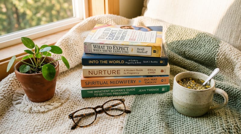 Stack of best pregnancy books with a cup of tea and reading glasses for expecting mothers