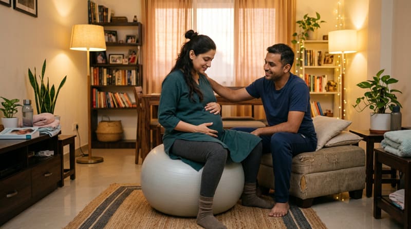 बच्चेदानी का मुंह खोलने के लिए गर्भवती महिला व्यायाम करती हुई 