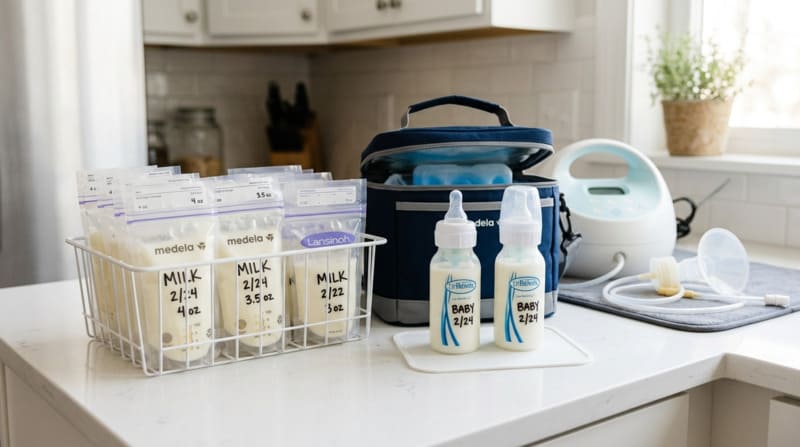 Breast milk storage guide showing labeled bottles and storage bags for new moms