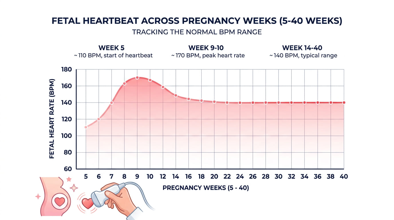 Fetal heartbeat chart by week showing normal BPM ranges during pregnancy