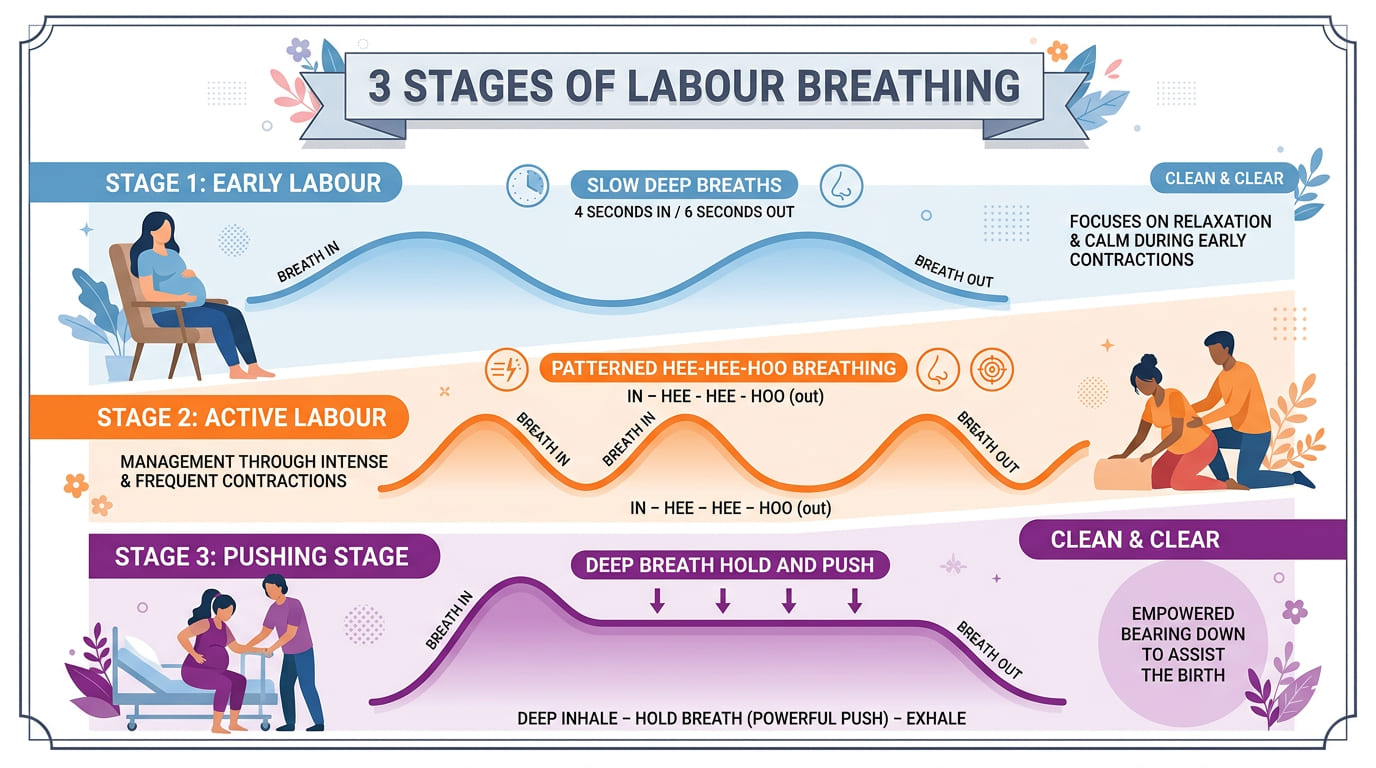 Labour breathing patterns by stage — slow breathing, patterned breathing, pushing breath
