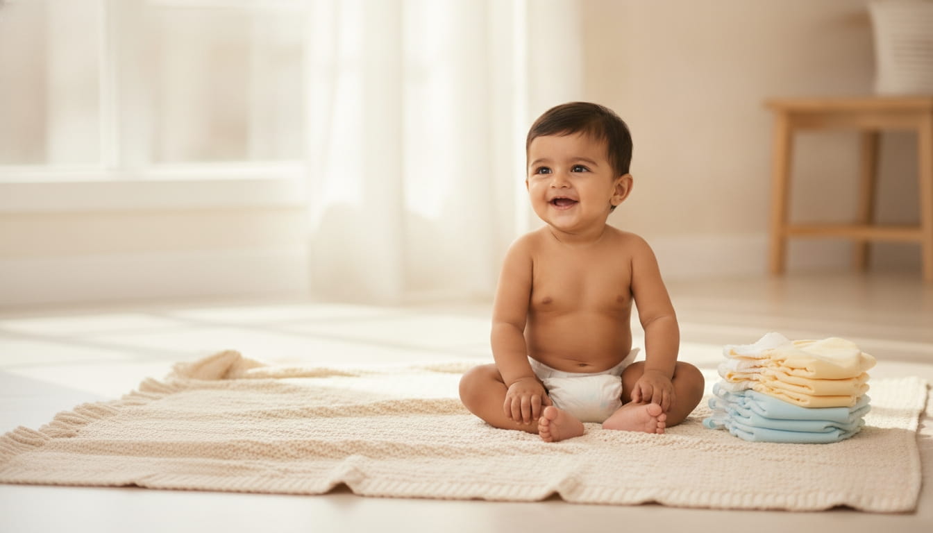 Smiling Indian baby sitting on a blanket in a diaper beside a folded stack of soft pastel diapers in a bright room
